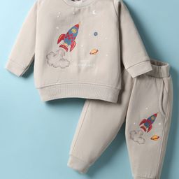 Zero Fleece Knit Full Sleeves Winter Wear Sweatshirt & Lounge Pant Set with Space Theme Print - Cream-picture-26