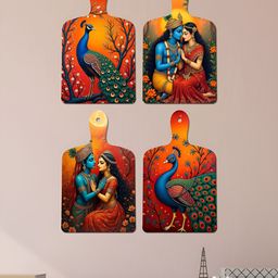 ArtVibes Red & Blue 4 Pieces Lord Radha Krishna Printed Wooden Wall Hangings-image-96
