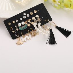 DressBerry Set Of 17 Gold -Plated Pearls Beaded Contemporary Studs-17