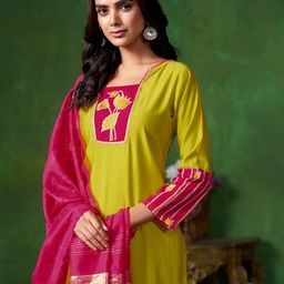 Sangria Silk Blend Straight Embroidered Kurta Pant With Dupatta Set-5