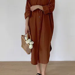 Outzidr Women Shirt Collar Shirt Maxi Dress-image-81