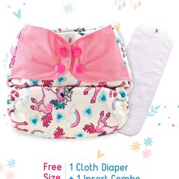 Babyhug Free Size Reusable Contrast Flap Closure Cloth Diaper With Insert Unicorn Print - Pink-3