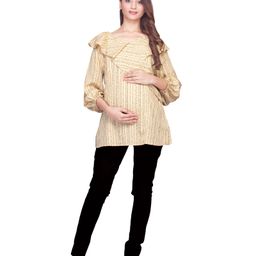 Kriti Peasant Sleeves Maternity Nursing Stripe Top - Beige-image-8