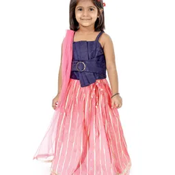 Babyoye Ghagra And Singlet Sleeves Choli with Dupatta Floral Glitter Print - Pink Blue-picture-46