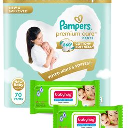 Pampers Premium Care Pants, New Born, Extra Small size baby diapers (NB,XS), 70 count and Babyhug Premium 98% Water Baby Wet Wipes with Moisturising Aloe Vera With Lid - 80 Pieces-picture-22