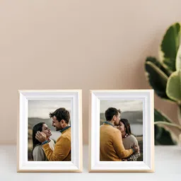 Golden Peacock Set Of 2 Rectangular Solid Table-Top Photo Frames - White & Beige Colour image 1