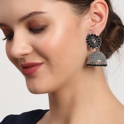 Jazz and Sizzle Silver Plated Artificial Stones Studded And Beaded Dome Shaped Jhumkas-42