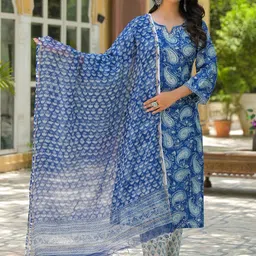 THE FAB FACTORY Floral Printed Notch Neck Straight Kurta With Trousers And Dupatta-picture-12