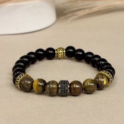 SANAA CREATIONS Unisex Crimson Stone Onyx & Sandstone Studded Elasticated Bracelet-4