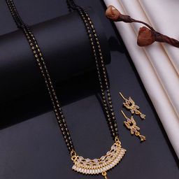 SOLIBELLE Gold Plated American Diamond Studded & Beaded Mangalsutra With Earrings-image-73