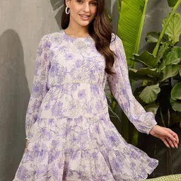 SASSAFRAS Floral Print Flared Sleeve Georgette Fit & Flare Dress-image-72