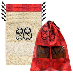Kuber Industries Red & Beige Pack of 6 Printed Non-Woven Shoe Cover With Drawstring-46