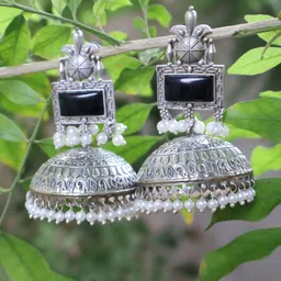 SIVA BY ANIKA Silver-Plated Stones Studded & Beaded Oxidised Dome Shaped Jhumkas-picture-23