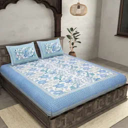 Bombay Spreads Blue & Off White Floral 180 TC King Bedsheet with 2 Pillow Covers-image-93