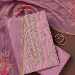 Koskii Chevron Printed Thread Work Linen Unstitched Dress Material-image-76