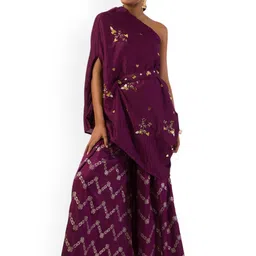Mystake By Meghna Shah Floral Embroidered One Shoulder Neck Top & Palazzo With Belt-picture-6