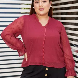CURVE BY KASSUALLY Plus Size Self Design Puff Sleeve Georgette Top-51