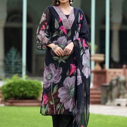 Navlik Floral Printed V-Neck Georgette Straight Kurta with Trousers & With Dupatta-picture-14