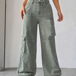 Glossia Nova Women Comfort Wide Leg High-Rise Light Fade Acid Wash Stretchable Cargo Jeans-image-44