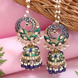 I Jewels Gold-Plated Kundan Studded And Pearls Beaded Dome Shaped Jhumkas With Earchain-picture-18