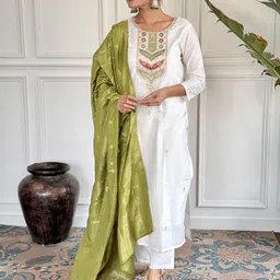 KALINI Ethnic Motifs Embellished Sequinned Straight Kurta With Trousers And Dupatta-image-3