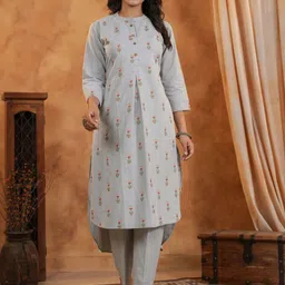 Span Floral Printed Pleated Mandarin Collar Pure Cotton A-Line Kurta With Trouser-52