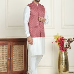 Anouk White Band Collar Straight Kurta With Trousers And Nehru Jacket-38