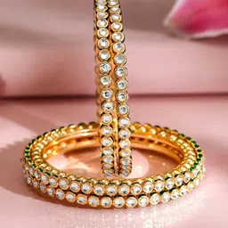 Rubans Set of 4, 22K Gold-Plated Kundan Studded Handcrafted Bangles with Green Borders-0