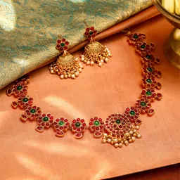 Yellow Chimes Gold-Plated Stone Studded & Beaded Temple Jewellery Set-44