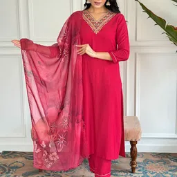 CANBIA Embroidered Thread Work Regular Kurta with Trousers & Dupatta-picture-16