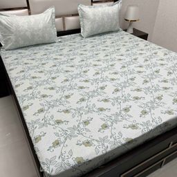 Pure Decor Green & Grey Floral King Bedsheet with 2 Pillow Covers-picture-17