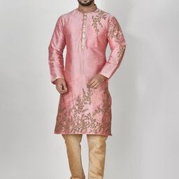 RANAK Floral Embroidered Mandarin Collar Art Silk Straight Kurta-image-35