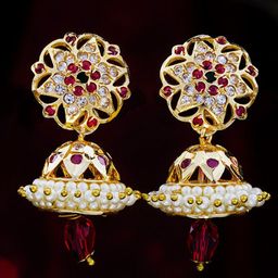 Subham Jewellers Gold-Plated Cubic Zirconia Studded & Beaded Dome Shaped Jhumkas-54