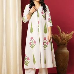 GoSriKi Floral Printed Pleated V-Neck A-Line Kurta With Trousers-picture-40