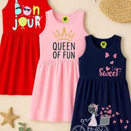 YK Girls Pack Of 3 Typography Printed A-Line Cotton Dress-40