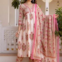 BAPS Floral Printed V-Neck Anarkali Kurta With Trousers & Dupatta-23