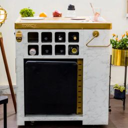 haus of bars by speedx Model X All-In-One Metal Bar Cabinet in Satvario Marble & Gold Finish With Built-In 30L Godrej Qube Fridge & Wheels-picture-42