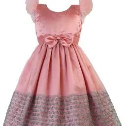 BAESD Girls Floral Embroidered Flutter Sleeves Peach Bow Detail Fit & Flare Dress-image-34