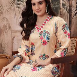 Sangria Women Floral Printed Striped Bell Sleeves Pure Cotton Kurta-12