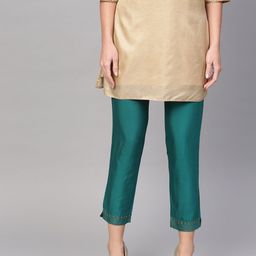 W Women Green Solid Cropped Trousers-image-10