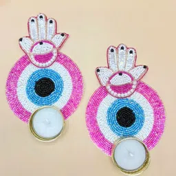 THE HOME CO. Pink & White 2 Pieces Printed Evil Eye Tea Light Candle Holder-69