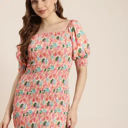 HERE&NOW Print Puff Sleeve Smocked Bodycon Mini Dress-image-38