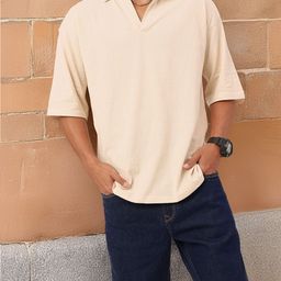 glitchez Relaxation Textured Drop-Shoulder Oversized Polo T-shirt-image-41