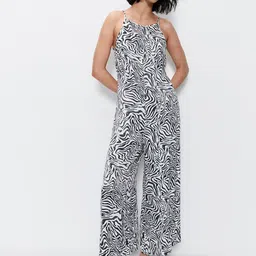 WAREHOUSE Zebra Print Satin Wide Leg Basic Jumpsuit-picture-35
