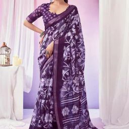Satrani Purple Floral Print Saree With Unstitched Blouse-image-36