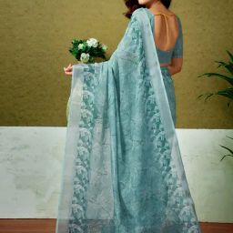 Satrani Blue Linen Printed Saree With Unstitched Blouse image 2