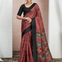 Satrani Red Silk Blend Printed Saree With Unstitched Blouse-image-13