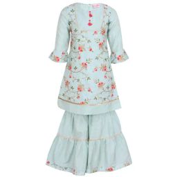 Cutecumber Kids Green Embroidery Kurta With Sharara Pants-image-72