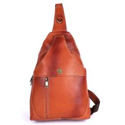 HiLEDER 100% Pure Genuine Leather 17 inches Sling Cross Body Outdoor Travel Passport Chest Bag for Men and Women, Orange-image-4