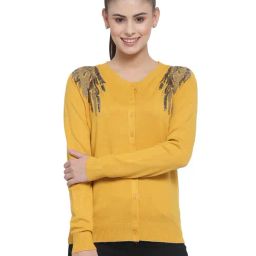 Mafadeny Mustard Embellished Cardigan-image-19